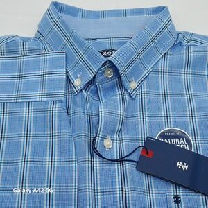 IZOD Mens Large Blue Plaid Natural Stretch Button Down Shirt Premium Essentials